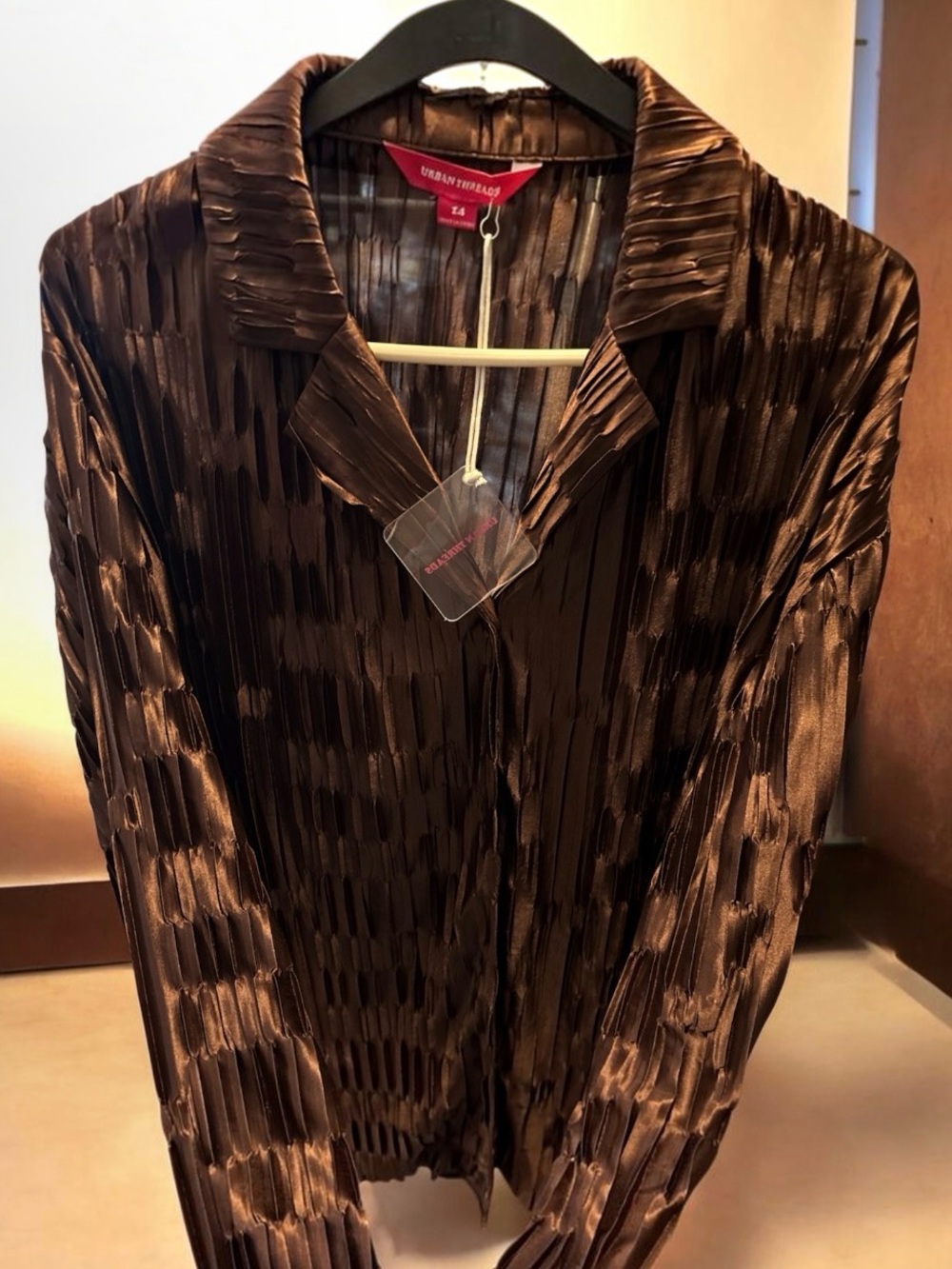 Urban Threads Curve Chocolate Brown Satin Plisse Oversized Top - Button Down